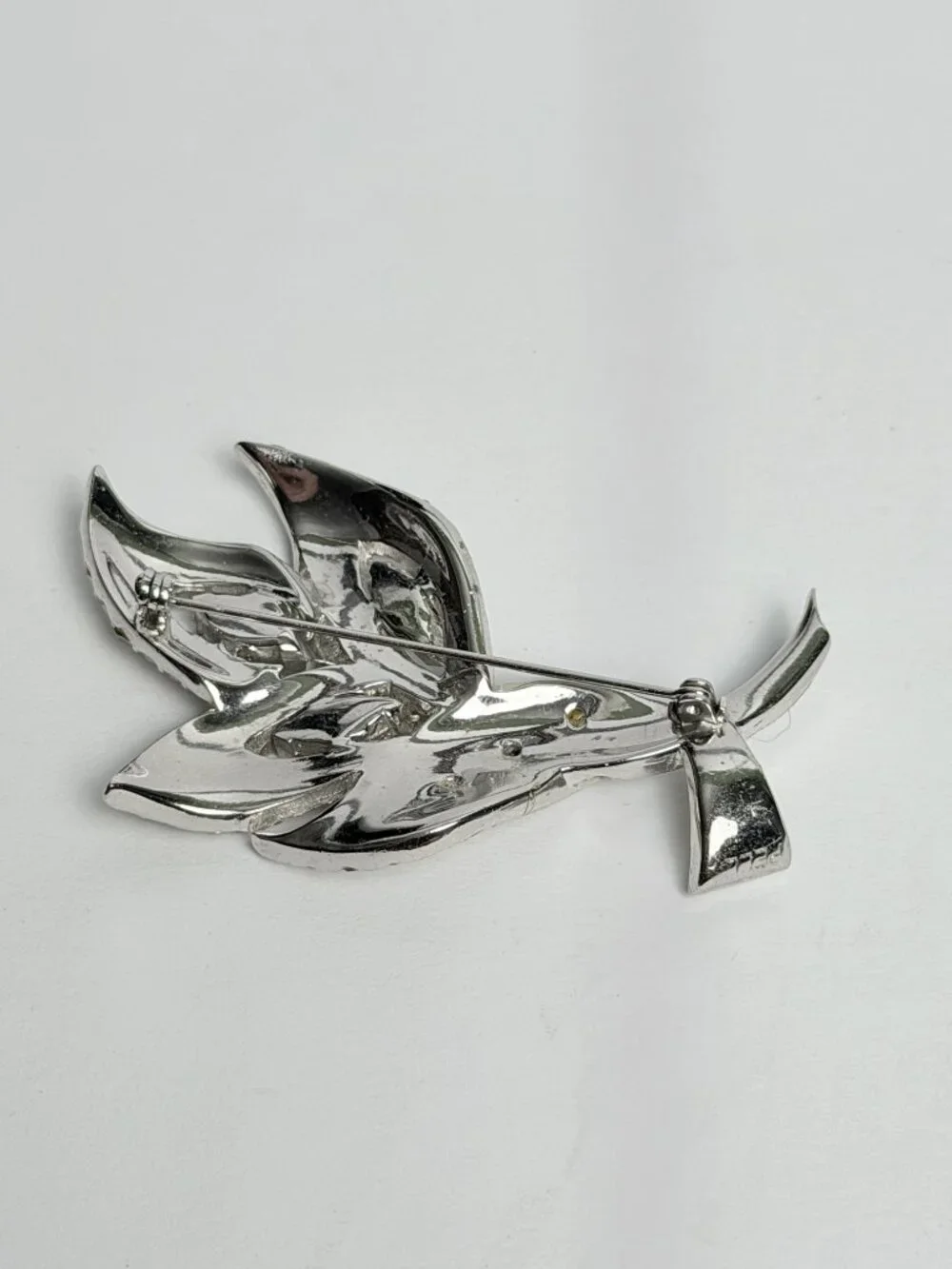 Vintage PELL Rhinestone Floral Spray Brooch 3in Silver Tone Baguette Marquise